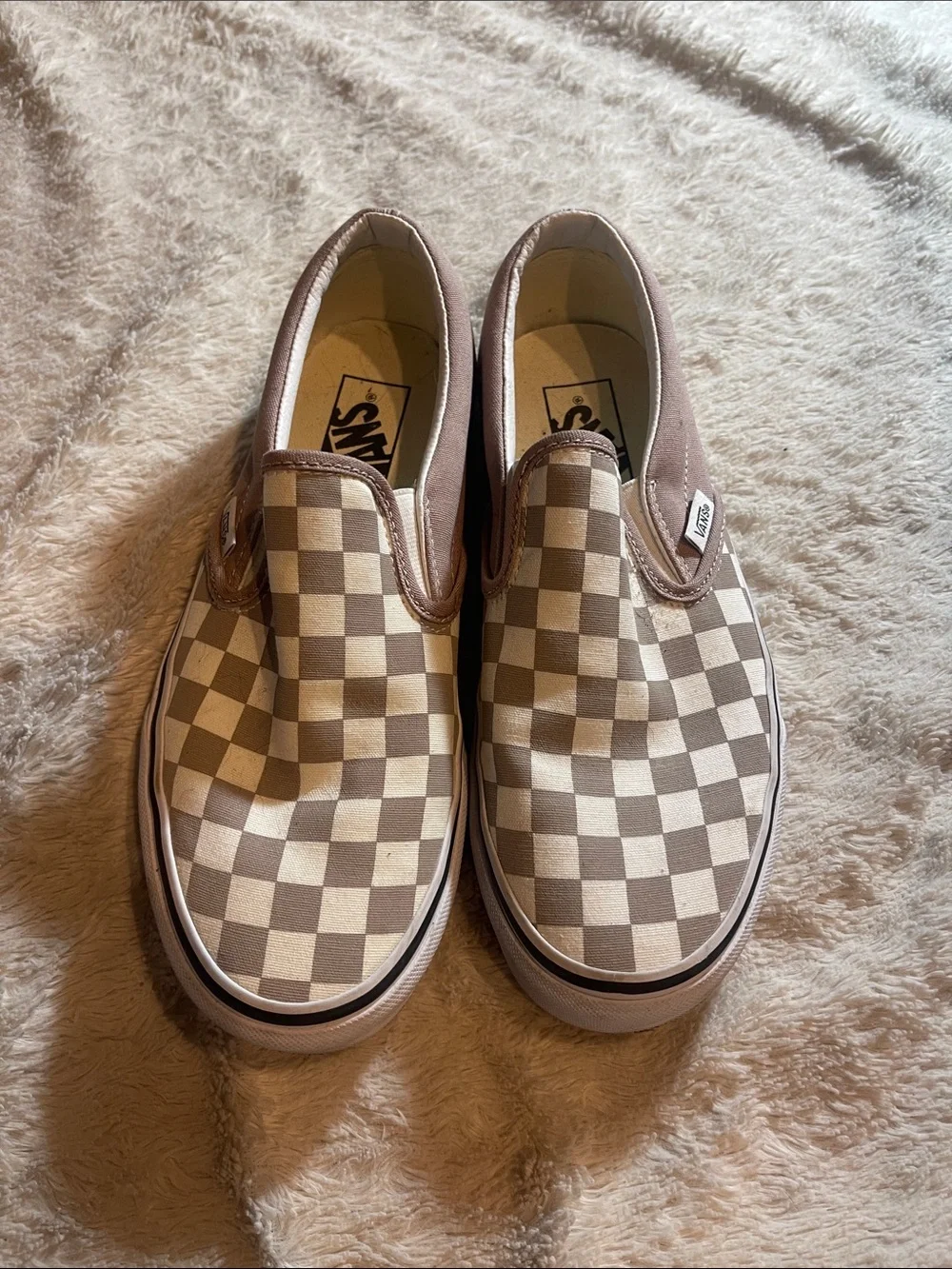 Vans Classic Slip-On Checkerboard in Taupe and White size 7.5 W